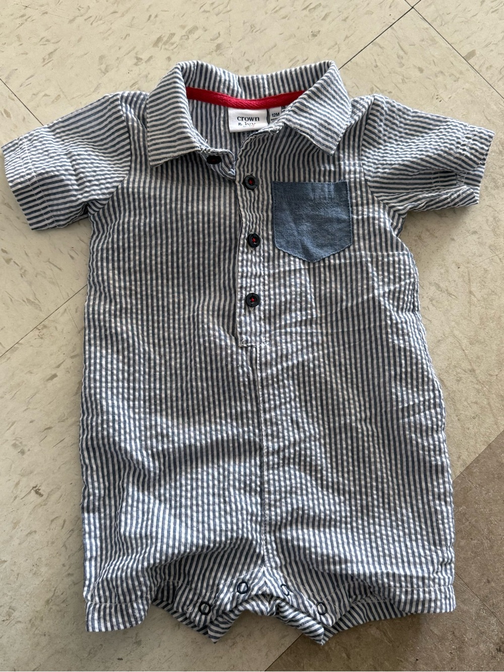Crown & Ivy Baby 12M Blue White Striped Seersucker Romper Shortall-Baby Boy